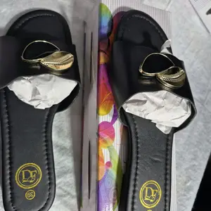 DF Brand Women's Black Leather Sandals with Gold Leaf Buckle Comfortable Slip-On Shoes for Casual Wear