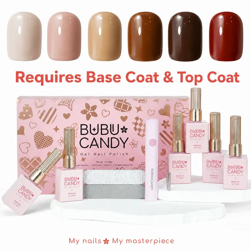 BUBU CANDY Gel Nail Polish Set, 6PCS 15ML Caramel Mocha Solid Gel Kit with LED Lamp, HEMA-Free Home DIY Manicure