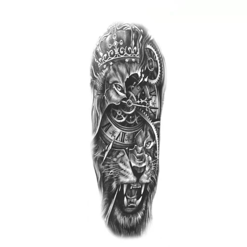 8 Full-Arm Tattoo Stickers: Crown, Lion, Skull, Angel, Wolf, Rose, Clock; Waterproof Tattoo Stickers