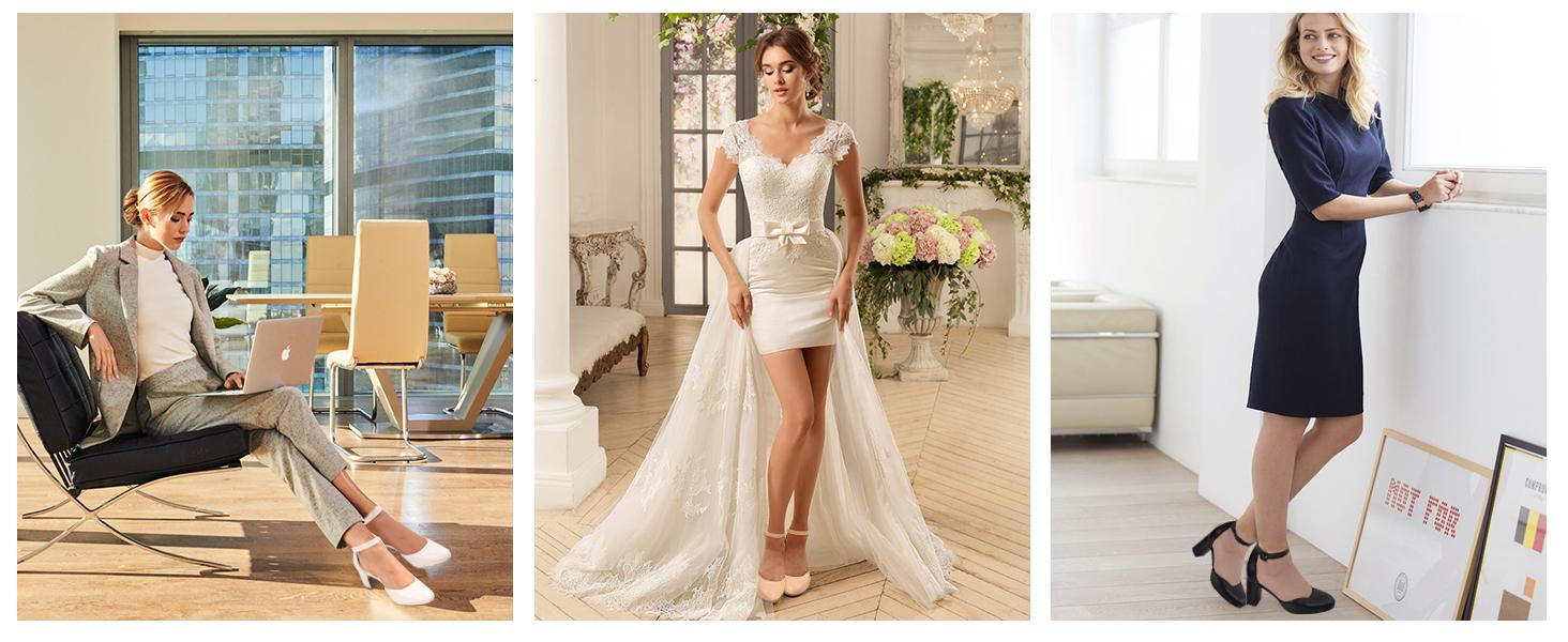 Women's Gilaa Closed Toe Low Chunky Heels Pumps Ankle Strap Wedding Business Round Toe Block Dress Shoes