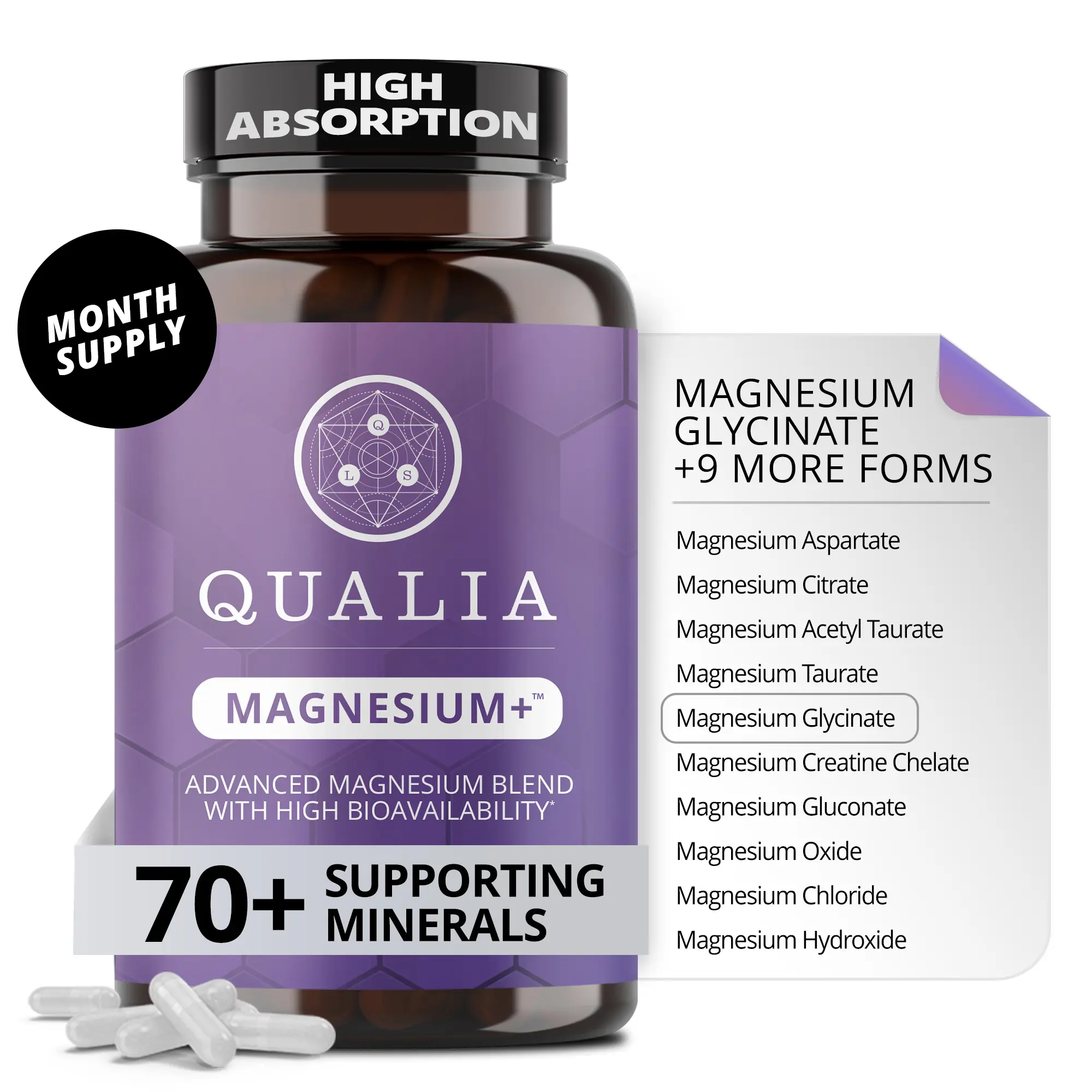 Qualia Magnesium+ | 28-Day Supply | Advanced Magnesium Blend | 10 Forms + 70+ Trace Minerals | Heart, Brain & Bone Health