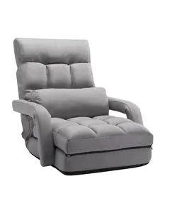 Floor Gaming Chair with 5 Adjustable Positions and Back Support, Folding Sofa Chair with Armrest for Adults, Sofa Lounger Bed with Back Cushion for Living Room and Bedroom, Gray Indoor
