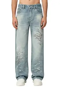 Men’s American street niche design graffiti print straight-leg jeans; men’s washed distressed light blue loose straight wide-leg denim pants—premium denim fabric designed for men’s wear; trendy men’s jeans with a versatile straight fit, suitable for all s