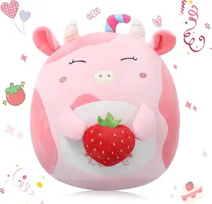 EMOIN Cute Cow Plush Strawberry Pillow -12in, Adorable Strawberry Cow Stuffed Animal, Cuddle Squishy Body Pillow, Soft Pink Cow Plushie Toy