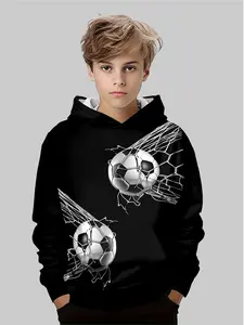 Boys' Football Net Print Hoodie, Athletic Hoodie, Sports Style, Youth Soccer Fanwear, Comfortable Casual Wear, Perfect Gift for Kids