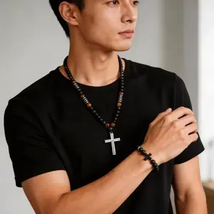 1 Vintage Beaded Bracelet & 1 Vintage Beaded Cross Necklace, Charm Pendant Necklace, 2-Piece Set, Men's Accessories, Trendy All-Match & Exquisite Vintage Bohemian Jewelry Gift for Men