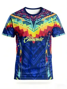 Men's Caliente Aztec Tribal Sport T-Shirt, Colorblock Street Style Round Neck Short Sleeve Top, Loose-Fit All-Season Clothing