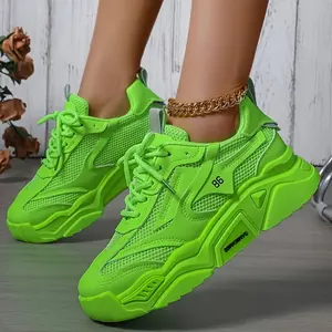 SX Vibrant Neon Green Athletic Sneakers for Women - Breathable & Comfortable with Anti-Slip Rubber Sole, Casual Lace-Up Low Top Running Shoes, Faux Cover/Fabric