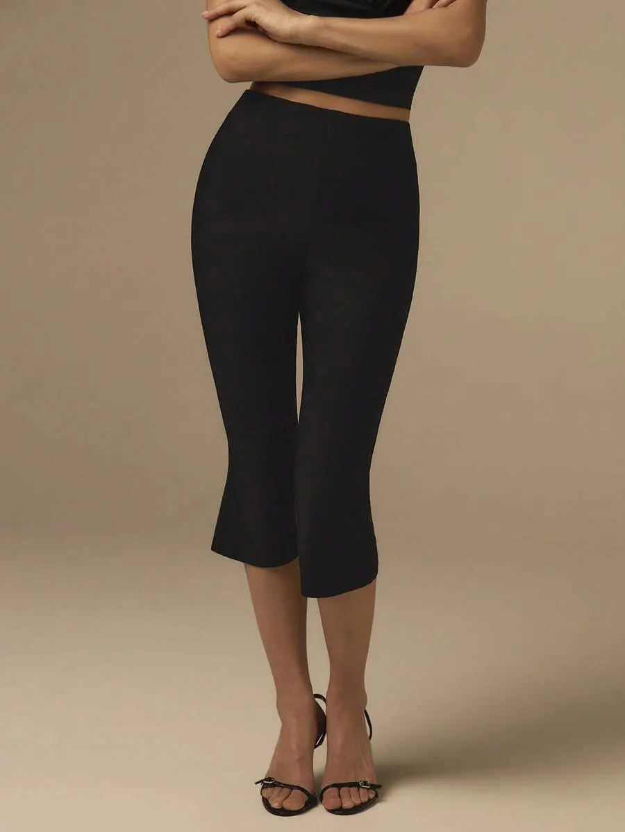 Women's Black Bell-Bottom Capri Pants, Retro Casual Commuter Elegant Y2K Black Trousers, Minimalist Solid Color Capri Pants