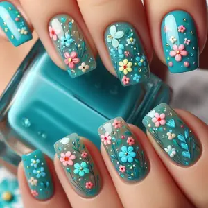 24pcs Press-On Nails Set, Lake Blue Floral Design, Short Square Shape Glossy False Nails, Includes Jelly Glue & File, Easy Application