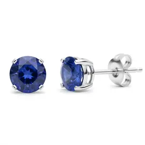 925 Sterling Silver Stud Earrings Rhodium Plated Blue Sapphire CZ Round Cut (5mm)