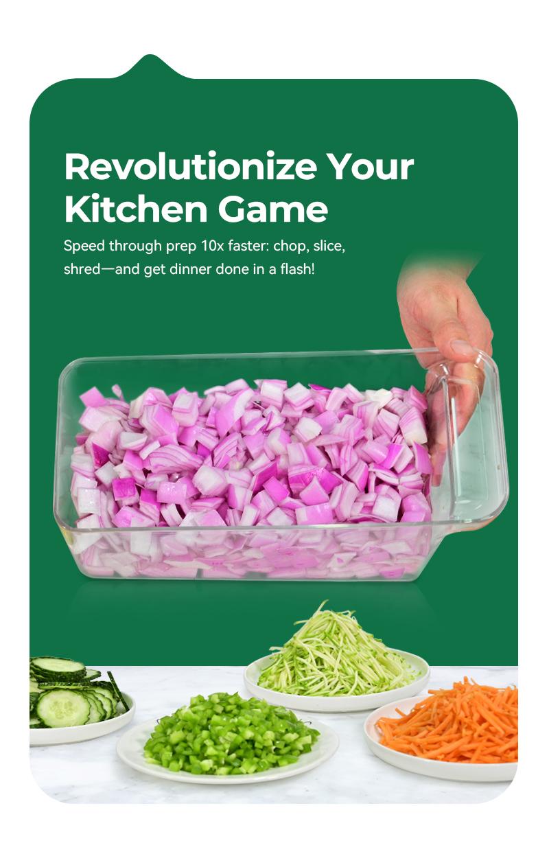 Simplify meal prep with our 8-piece multifunctional chopper set. It features a slicer and container for an efficient, all-in-one kitchen solution.