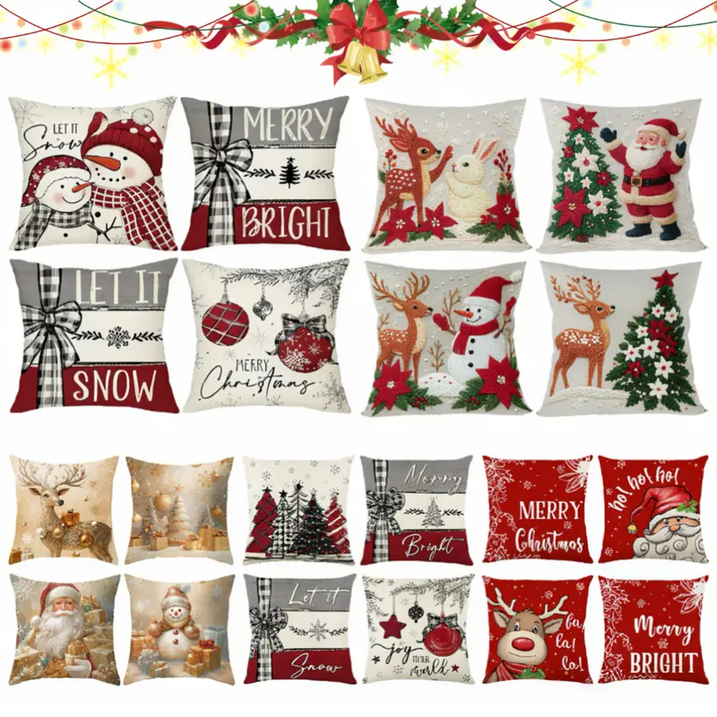 4pcs Set of 18x18 Inch Christmas Throw Pillow Covers, Winter Holiday Cushion Case Decoration, Snowman Christmas tree Designs, ZipperClosure,Linen,Peach Skin, Merry Christmas Decor 2026 for Home, Couch, Sofa, Living Room – No Inserts Included
