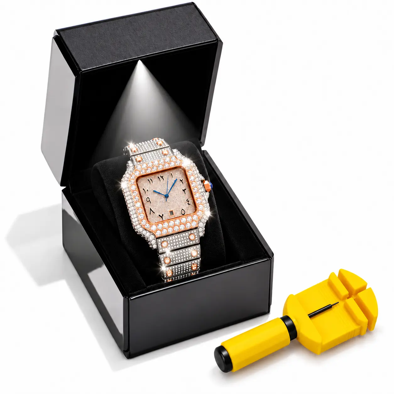 Unisex Square Crystal Wrist Watch with Pavé Stones Detail, Link Bracelet and Gift Box, Birthday Gift for Friends, Square Crystal Wrist Watches