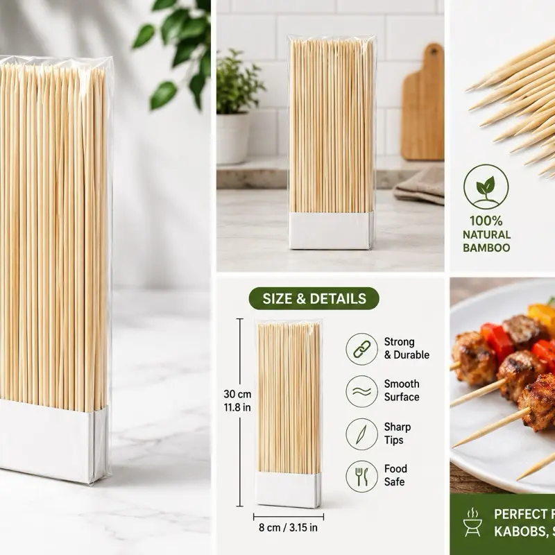 100 Pack Bamboo Skewers, 11.8 Inch Natural Wooden Sticks for BBQ Grilling, Fruit Kabobs