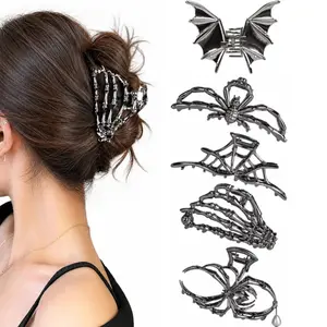5Pcs Gothic Punk Metal Spiderweb Skeleton Hand Hair Claw Clip Set, Large & Medium Non-Slip Shark Clips, Secure Hold for Thick Thin Hair, Halloween Cosplay Party Statement Hair Accessories Gifts for Women Girls