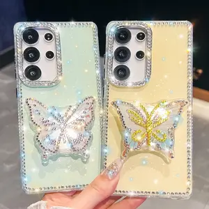 Glitter 3D Butterfly Holder Protective Case For Samsung A17 A07 S24 S25 FE S25 Plus S23 Ultra A16 A26 A36 A56 A15 A35 A55 5G Cover