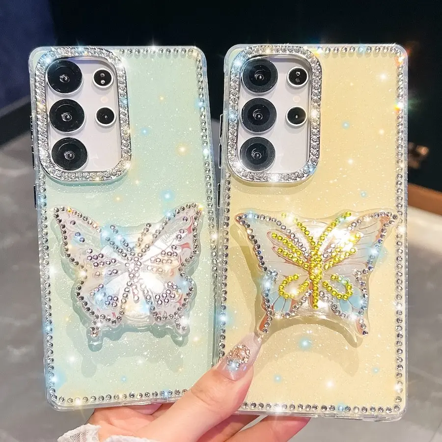 Glitter 3D Butterfly Holder Protective Case Acrylic Protective Casing Protector Smartphone Accessories For Samsung A17 A07 S24 S25 FE S25 Plus S23 Ultra A16 A26 A36 A56 A15 A35 A55 5G Cover