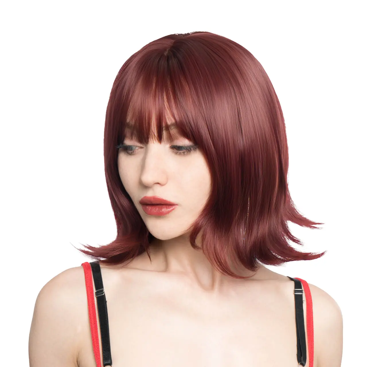 10-Inch Solid Wine Red Soft Curled Front Subtle Layers w/ Flicked Ends Synthetic Wig | 【Heat Resistant】【Cap Included】 | #22 53FSGC
