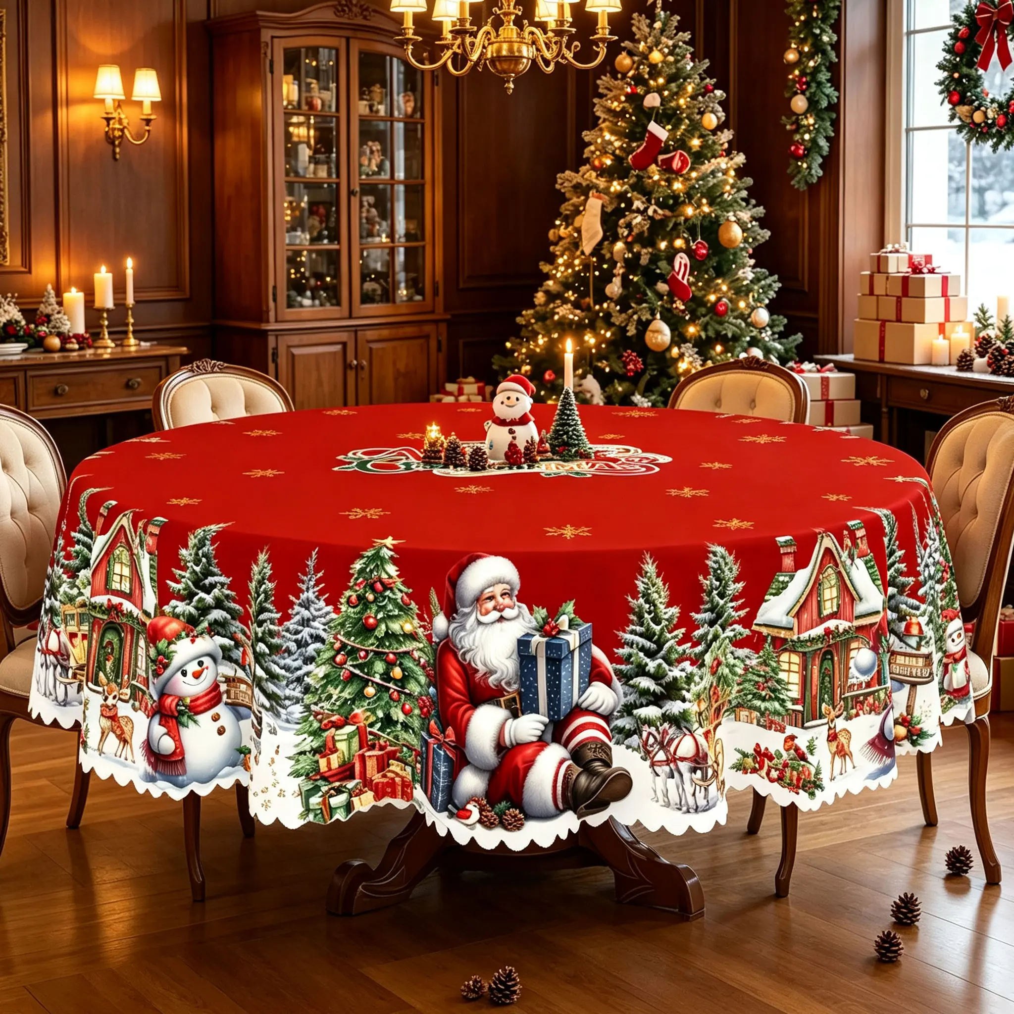 AAFKK Vintage Christmas Print Round Tablecloth - Red Table Cover with Santa Claus & Snowman, manteles de tela para fiesta, Xmas Tree Snow House Pattern, Holiday Indoor Dining Decor, Christmas Party Table Cloth, Festive Home Room Decoration Accessory Gifts