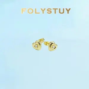[FOLYSTUY (C122)]8mm Heart Stud Earrings with Tiny Crystal, Dainty Love Shape CZ Earrings for Women, Romantic Everyday Wear Jewelry Gift