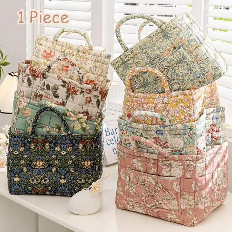 🌸 1 Pc Vintage Floral Fabric Closet Decorative Storage Basket | Quilted Cloth Organizer Bin With Handles | Cottagecore Room Decor