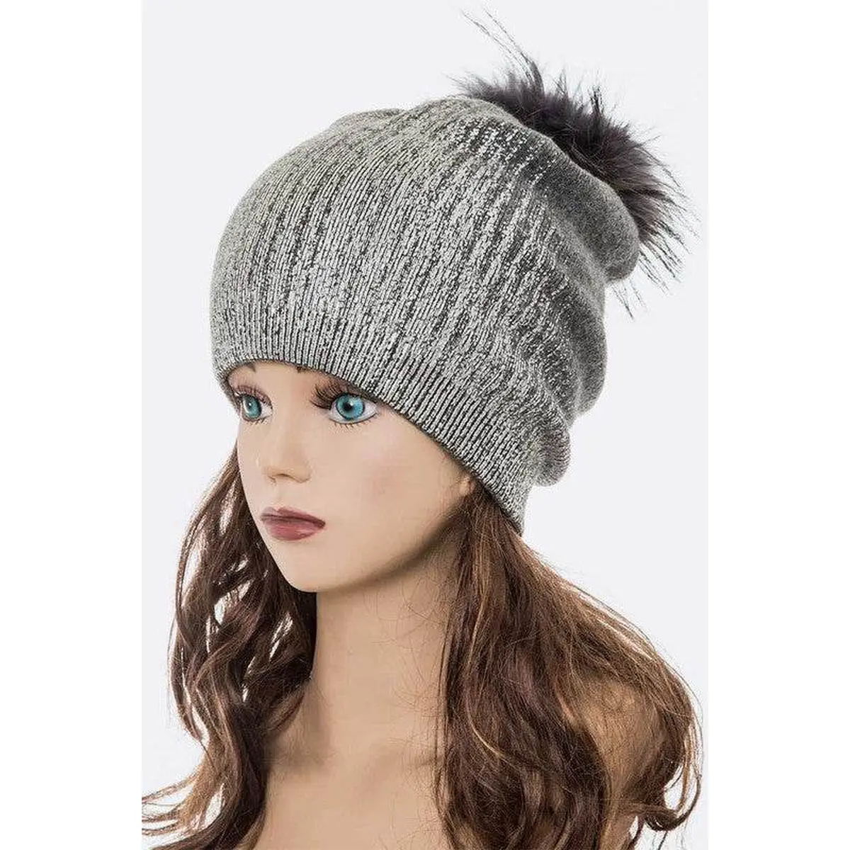 Metallic Cashmere Fur Pom Beanie