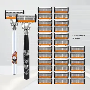 Manual Shaving Razor Set with Stand and Stainless Blades, Professional Sharp Blade Shaver for Men, Daily Grooming Tool Suitable for All Ages