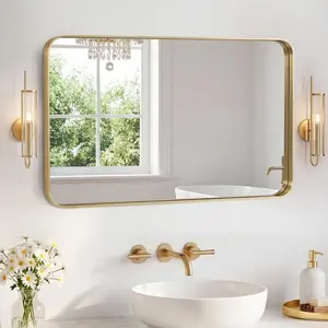 Vertical or Horizontal Hanging Bathroom Mirror for Over Sink, Wall Rounded Rectangle Mirror with Matte Metal Frame, Modern Vanity Mirror for Home Decor