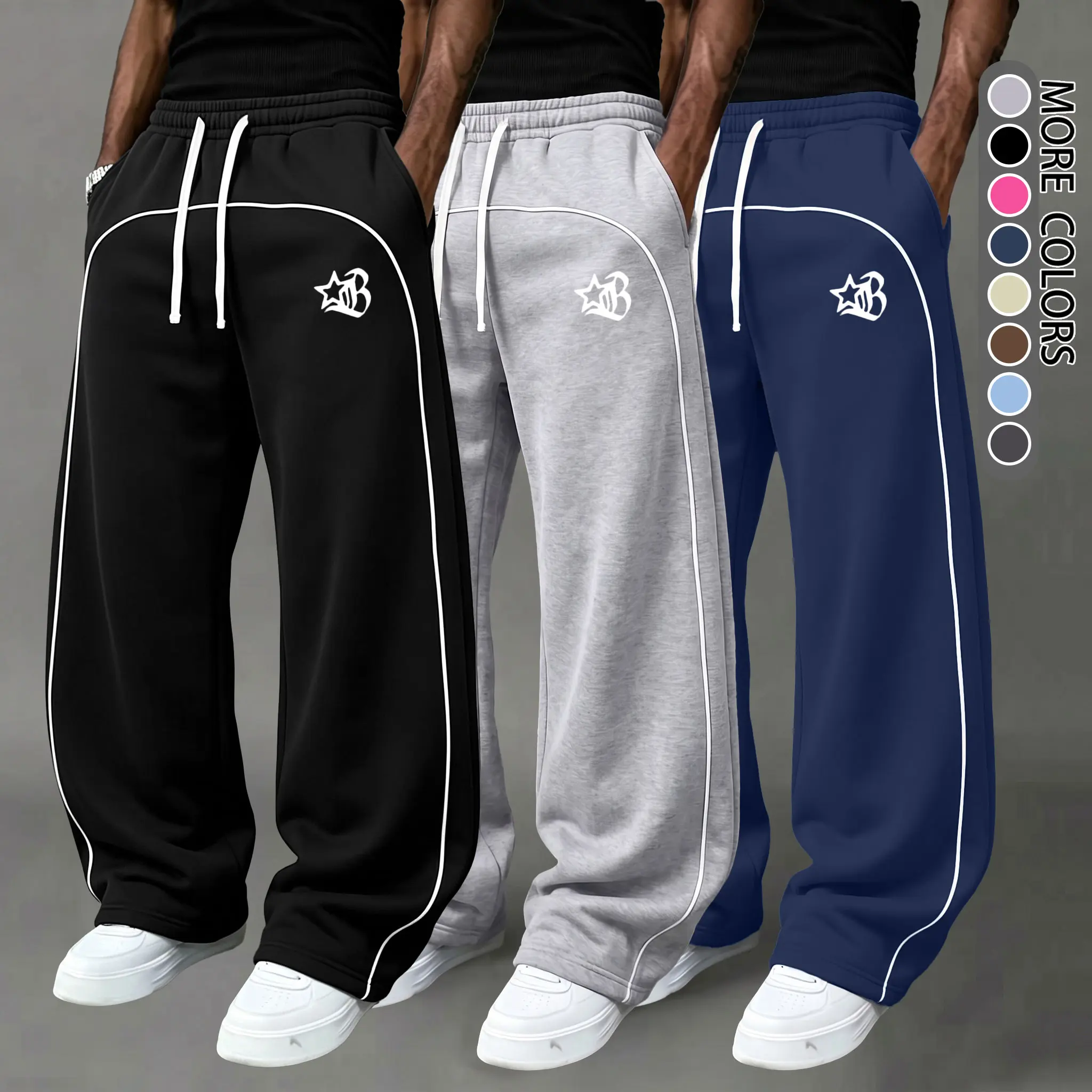 Men’s athletic pants 3-pack — loose wide-leg sweatpants with drawstring waist, ultra-soft men’s sportswear, casual athleisure joggers suitable for fitness and running, 100% polyester fiber, lightweight.