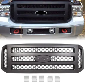 HECASA Front Grille Compatible with 2005-2007 Ford F250 F350 F450 F550 Super Duty Excursion Upper Bumper Hood Grill Painted Black Replacement for FO1200457 5C3Z8200BAA
