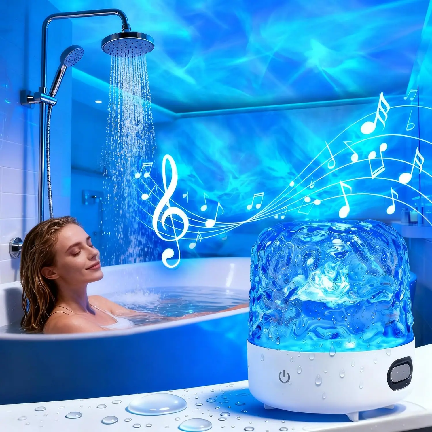 Splash-Resistant Shower Light with Bluetooth Speaker & White Noise, Shower Lamp Rechargeable 16-Color Ocean Wave Projector Lamp with Remote & Touch Control for Inside Shower Bathroom Bathtub