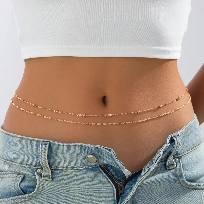 2 Piece Women's Glamorous Fashion Shiny Bead Sexy Navel Ring Waist Chain Set, Body Chains, Body Chain Accessory, Bling Chain, Casual Vacation Body Jewelry Gift, All Seasons
