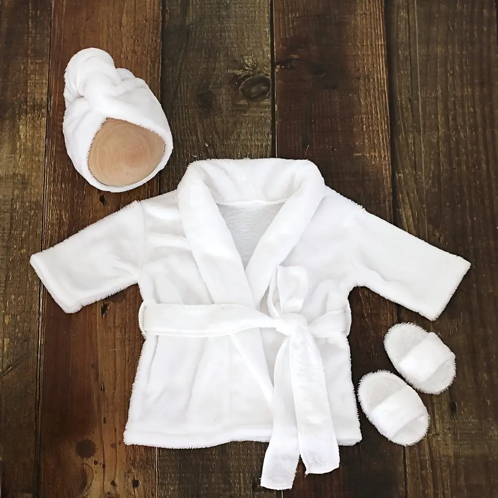 Newborn Bathrobe Prop Set, Soft Polyester Long Sleeve Outfit with Slippers & Head Wrap, Solid/Printed, 0-3 Months, Bathrobe Set