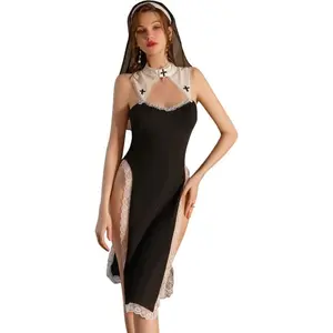 Anime-Style Sexy Nun Cosplay Costume Halloween Demon Roleplay Maid Outfit with Lace Chemise and High Slit Design