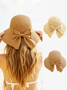 1PC fashionable women's straw hat, a lightweight and stylish sun hat with a Bohemian style featuring a large bow decoration, suitable for outdoor and beach activities, Fashion Hats