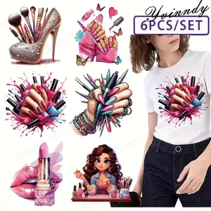 6Pcs Makeup Theme Iron on Transfer Vinyl Patches Washable Heat Transfer Stickers for T Shirts Jeans Fabric Nail Art Design High Quality DIY Fashion Accessories for Trendy Lovers