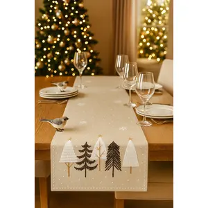 Christmas Table Runner Beige and Brown Winter Scene with Pine Trees Snowflakes and Stars Festive Table Decorations for All Seasons