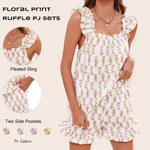 Imily Bela Womens Floral Print Pajama Sets Ruffle Trim Cami and Casual Shorts 2 Piece Lounge PJ Sets