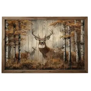 Rustic Deer Forest Poster with Wooden Frame, Majestic Stag and Birch Trees Autumn Wildlife Wall Art, Vintage Hunting Lodge Landscape Print, Perfect Gift for Dad on Father’s Day
