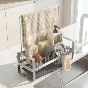 Sponge Holder for Kitchen Sink,Suction Cup 304 Stainless Steel Sink  with Dishcloth Holder, Self Drain Tray Sink Oragnizer for Countertop, Soap Dispenser Storage