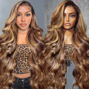 20-34 Inch Highlight Ombre Lace Front Wig Human Hair Honey Blonde Body Wave 13x6 HD Lace Front Wigs Human Hair Pre Plucked 180 Density Brown 4/27 Colored Lace Frontal Human Hair Glueless Wigs for Women