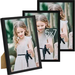 5x7 Picture Frame Set of 3, Made of High Definition Glass for 5 x 7 Black Frames, Wall and Tabletop Display Thin Border Photo Frame for Home Decor