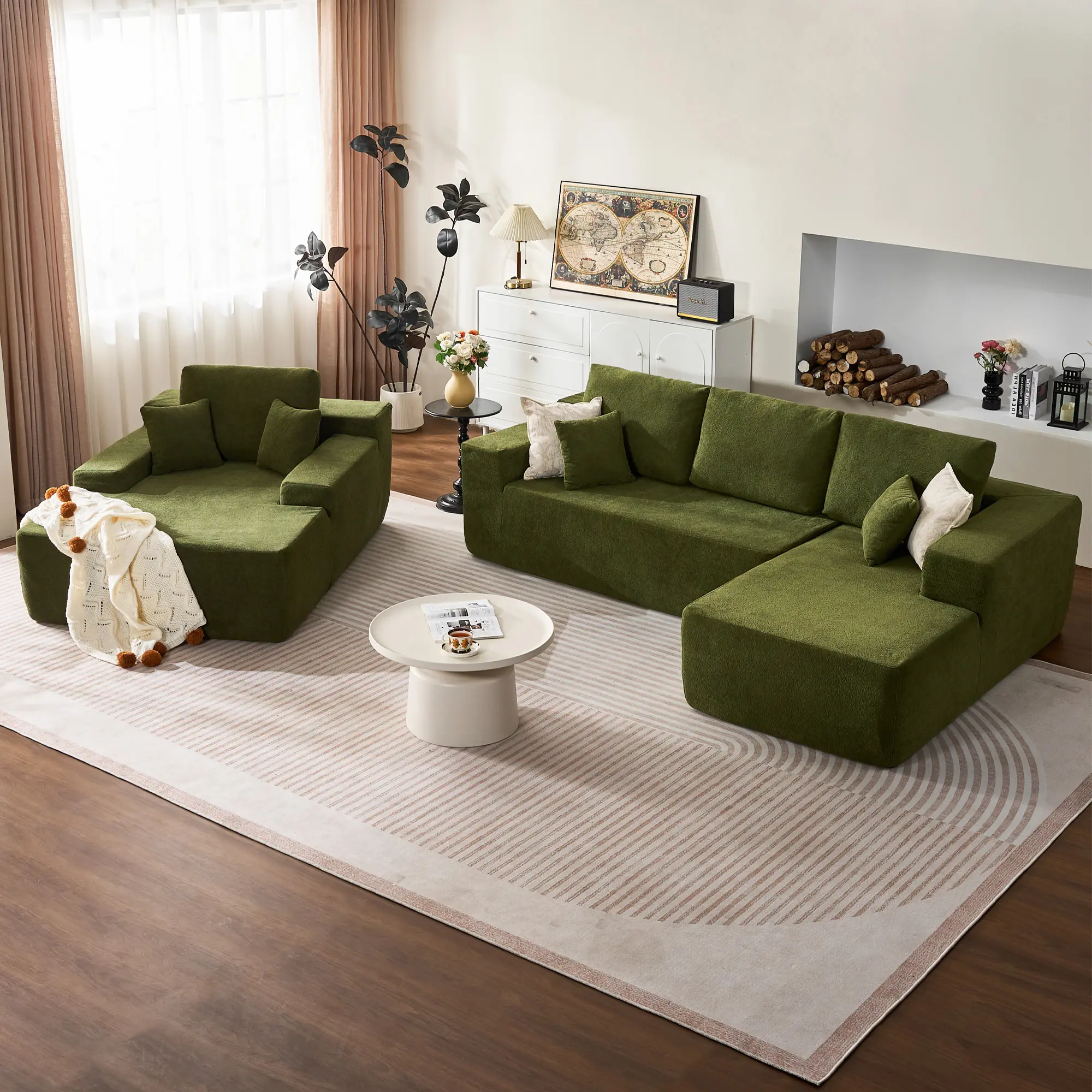 Green Cloud Velvet Right Chaise+Sofa Bed