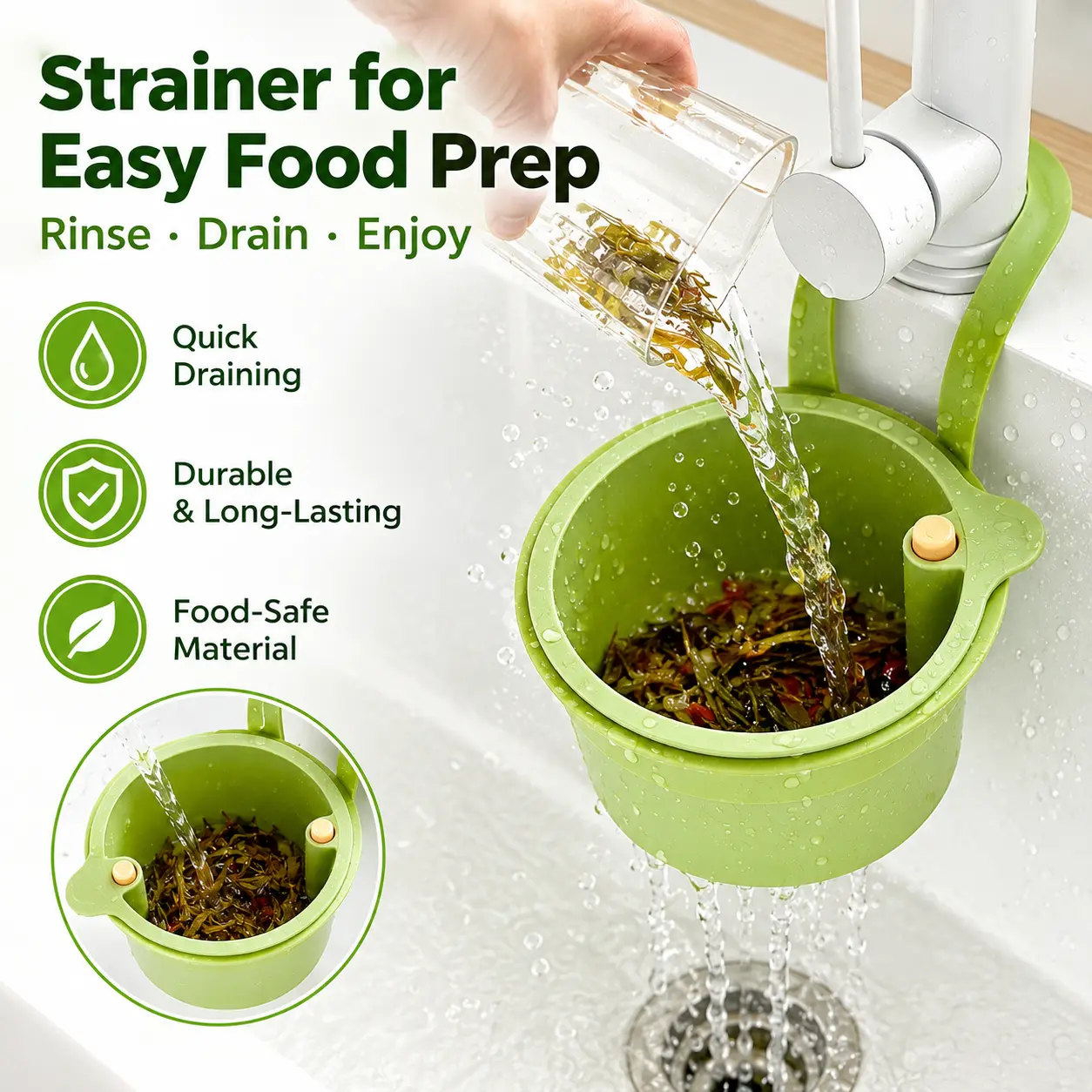 Hanging Kitchen Sink Strainer Basket – Press-to-Open Bottom Drain Filter with Detachable Removable Mesh, Hands-Free Food Waste Catcher for Leftovers, Side-Mount Sink Caddy Easy Clean