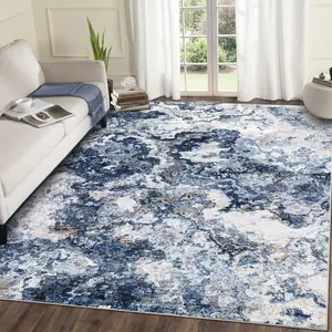 GARVEE Washable Blue Area Rug 5x7 - Indoor Modern Abstract Non-Slip Low Pile Ultra Thin Carpet for Living Room, Bedroom, Home Office - Lightweight, Foldable Floorcover