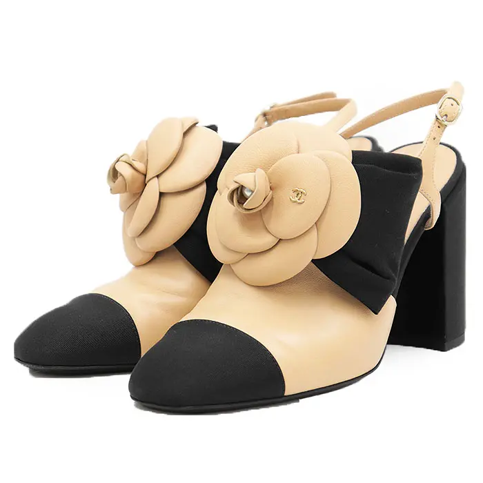 Pre-owned CHANEL Others Small Leather Goods G45306 Camellia Ribbon Slingback Leather Pumps