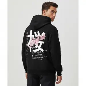 Men's Japanese cherry blossom Graphic Hoodie - Cotton Blend Black Long Sleeve Pullover Regular Fit | Soft & Breathable Fabric, Durable Print, Everyday Comfort, Machine Washable, casual graphic indoor studio