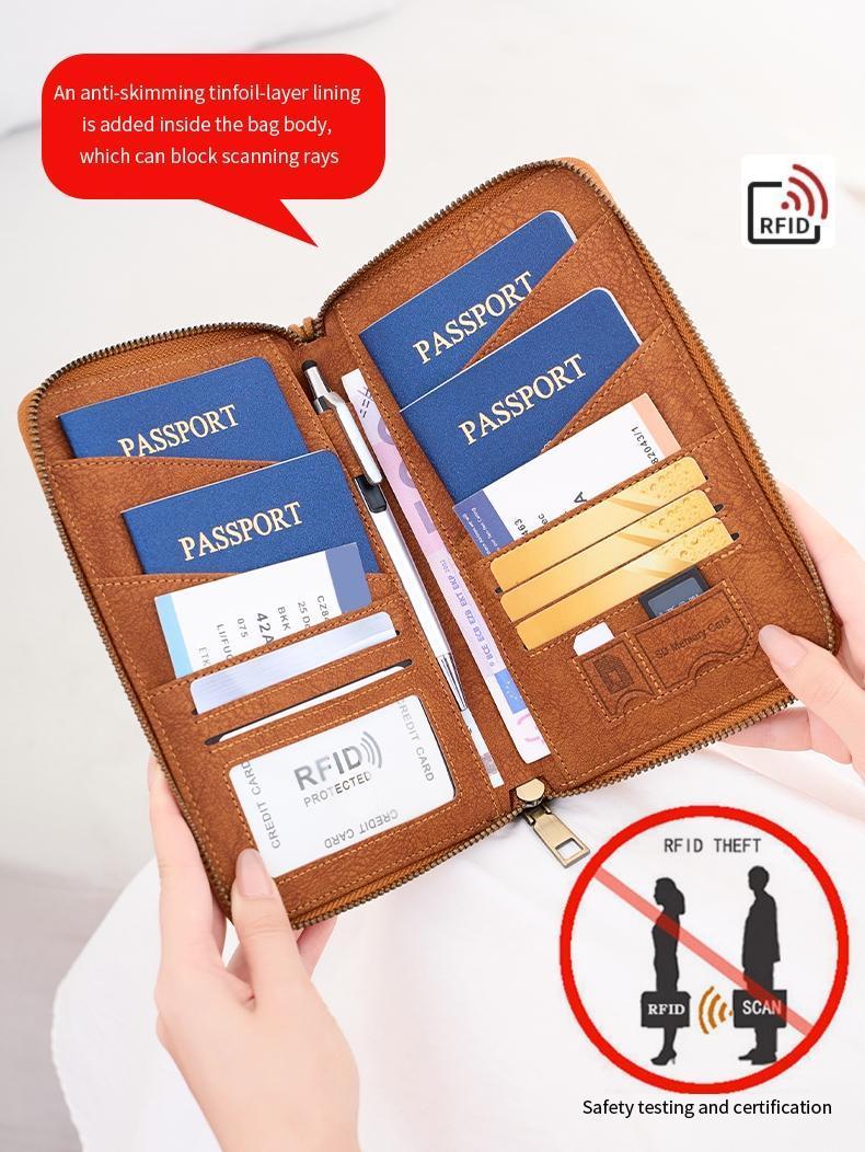 RFID Blocking Passport Holder, Holds Multiple Passports, Travel Document Organizer, Skin-Friendly Zipper Wallet, Detachable Wrist Strap, Passport Cover