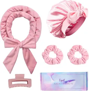 Heatless Hair Curler and Double Layer Satin Bonnet Set for Overnight Curls - No Heat Curling Rod with Silk Bonnet, Sleep-In Safe for Long/Medium Hair, Frizz-Free Waves & Volume(Pink) Fgail